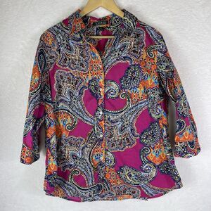 Lauren Ralph Lauren LRL Women Button Down Paisley Print Top 1X 3/4 sleeve Artsy